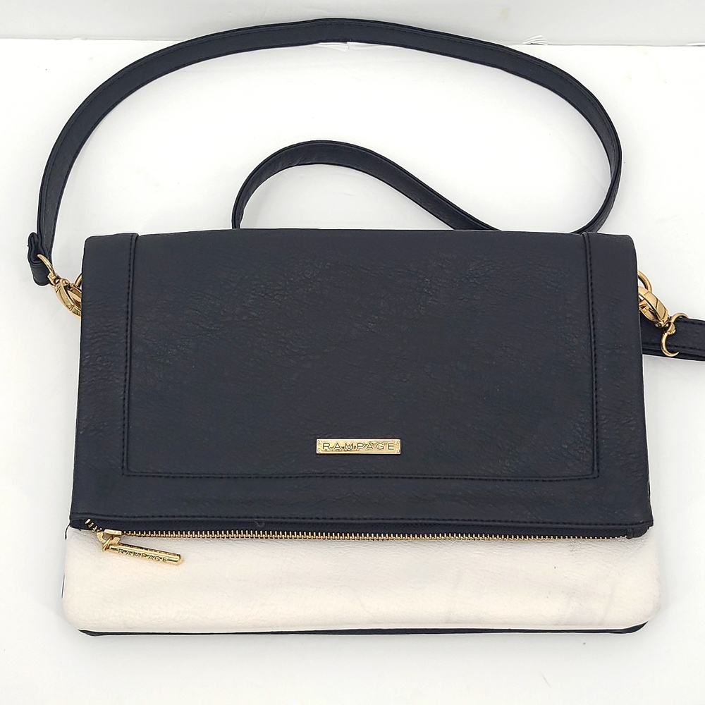 Rampage black white gold 3 zipper pocket fold over adjustable straps purse cute